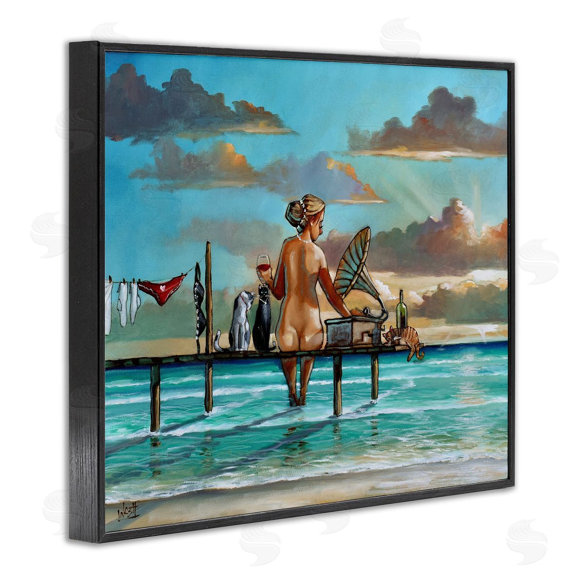 Woman & Cats Beach Sunset Black Frame Print Wall Art, Home Decor by Ronald West