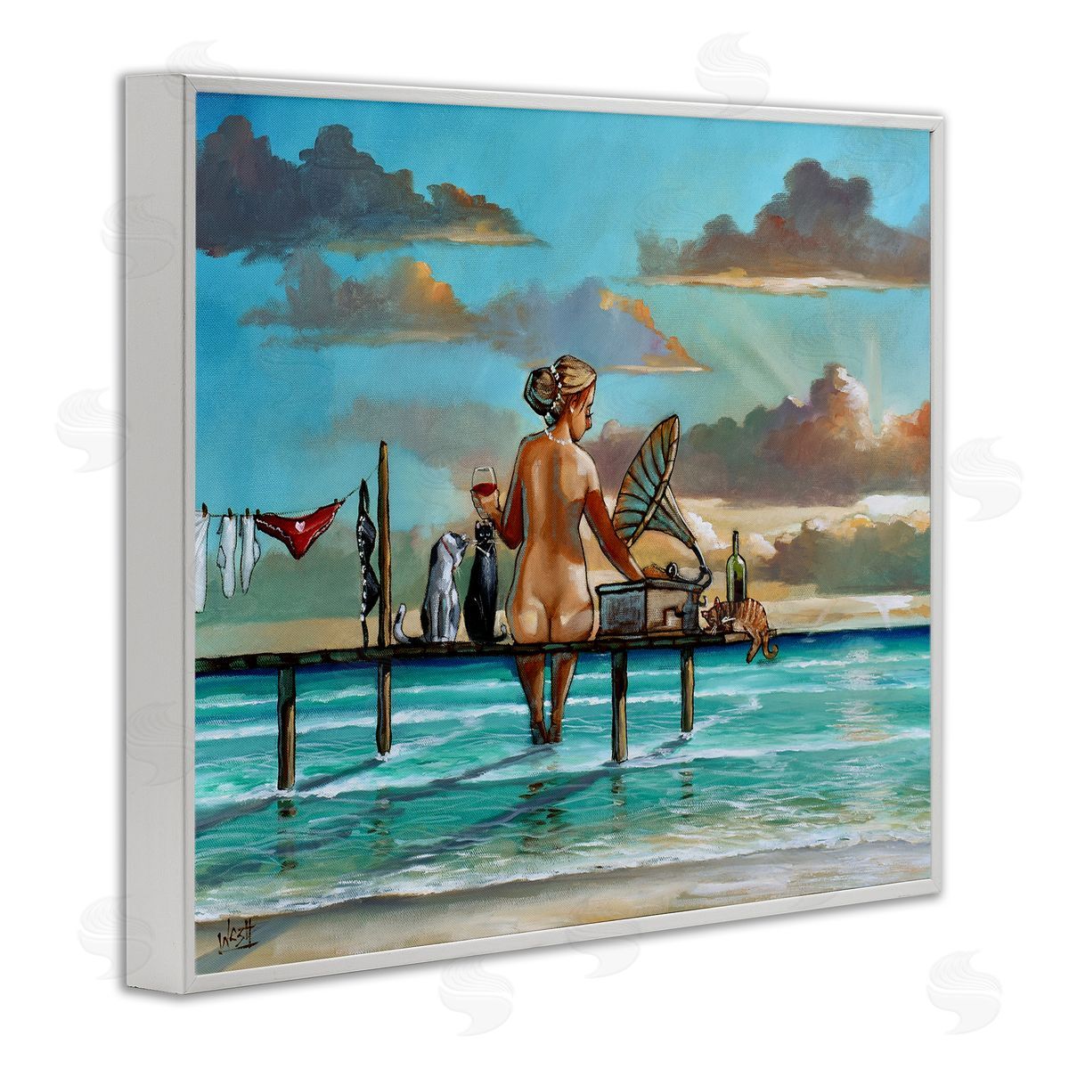 Woman & Cats Beach Sunset White Frame Print Wall Art, Home Decor by Ronald West