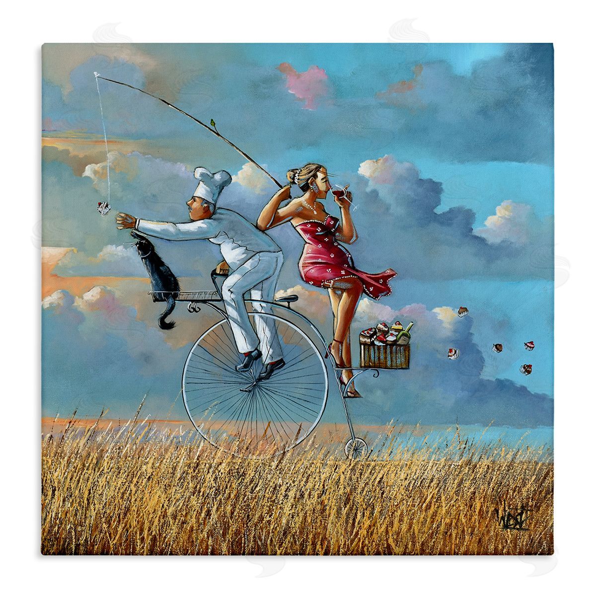 Charming Lady & Chef Bicycle View Canvas Wall Art, Home Decor by Ronald West