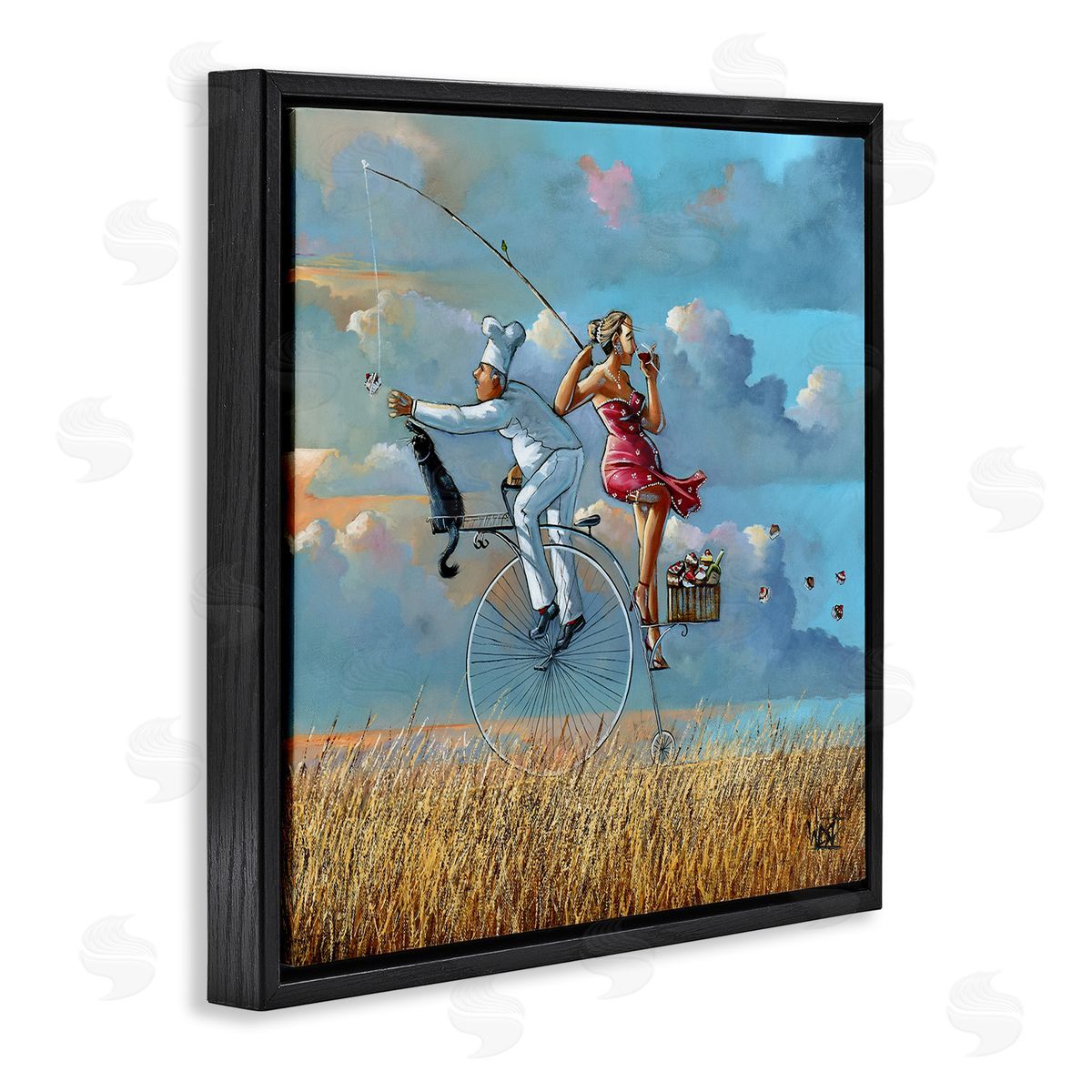 Charming Lady & Chef Bicycle View Black Floating Frame Canvas Wall Art, Home Decor by Ronald West