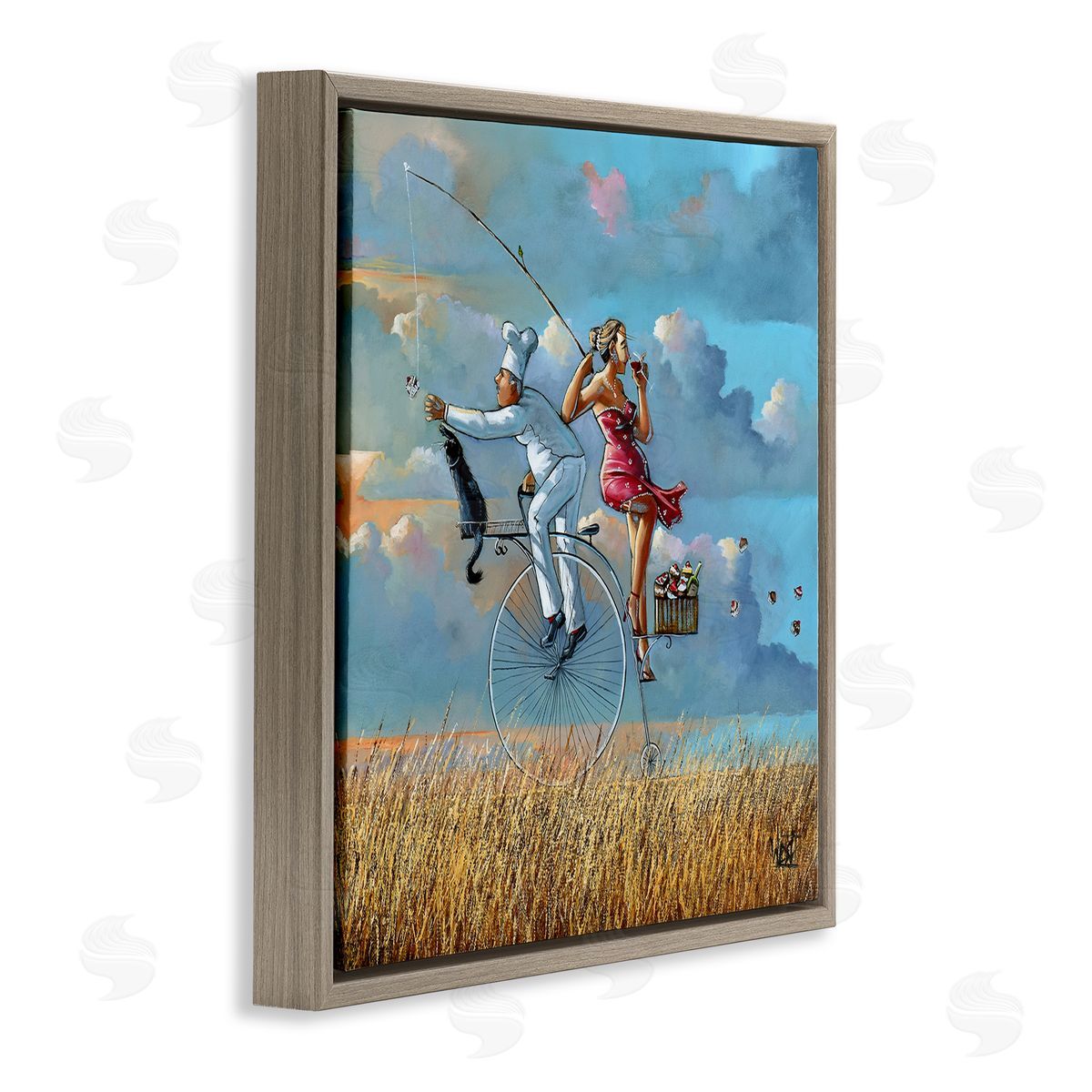 Charming Lady & Chef Bicycle View Brown Floating Frame Canvas Wall Art, Home Decor by Ronald West