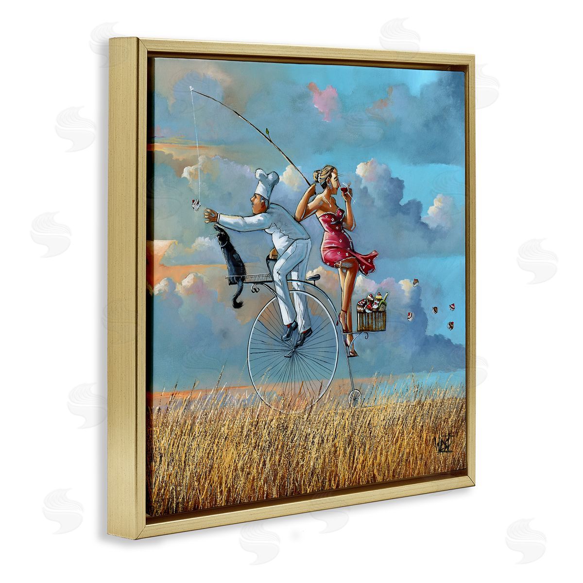 Charming Lady & Chef Bicycle View Gold Floating Frame Canvas Wall Art, Home Decor by Ronald West