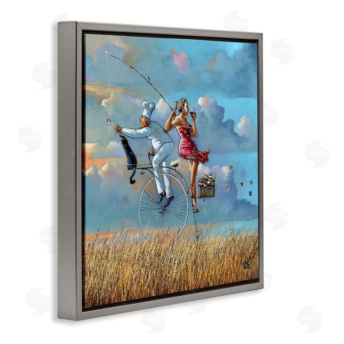 Charming Lady & Chef Bicycle View Grey Floating Frame Canvas Wall Art, Home Decor by Ronald West