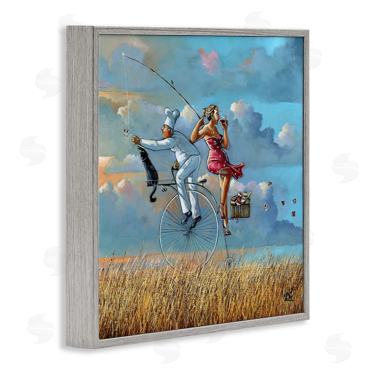 Charming Lady & Chef Bicycle View Grey Frame Print Wall Art, Home Decor by Ronald West