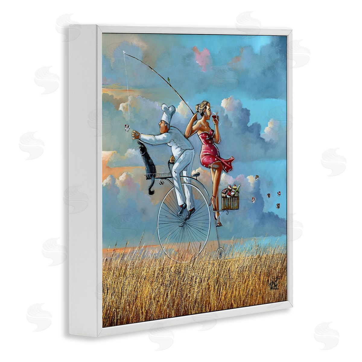 Charming Lady & Chef Bicycle View White Frame Print Wall Art, Home Decor by Ronald West