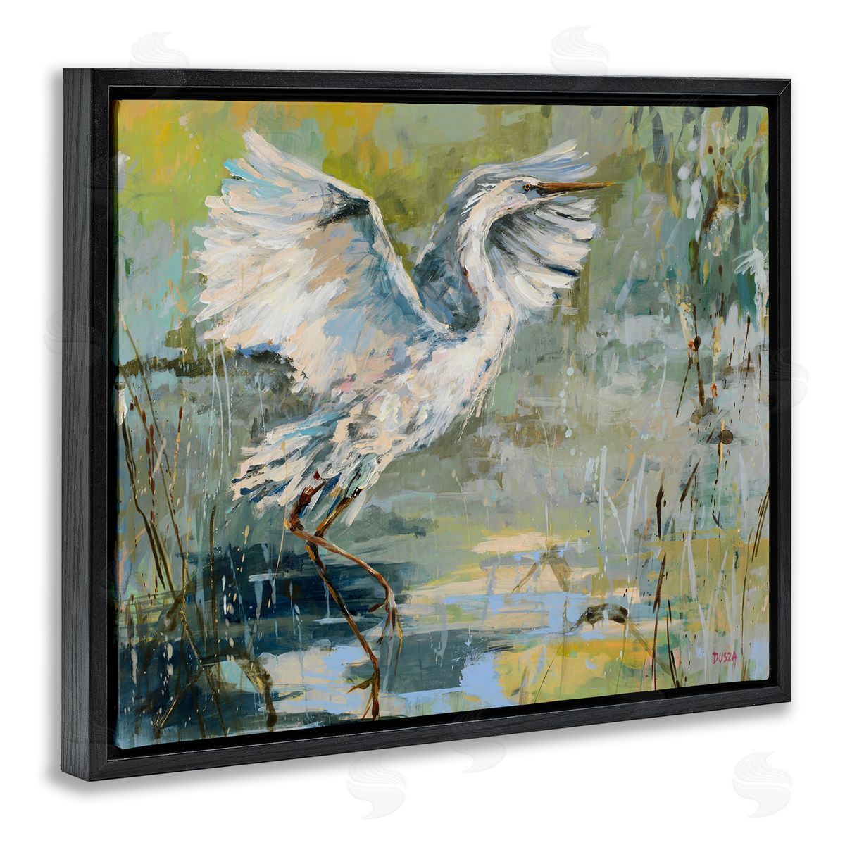 Radiant Crane at Pond Black Floating Frame Canvas Wall Art, Home Decor by Dusza