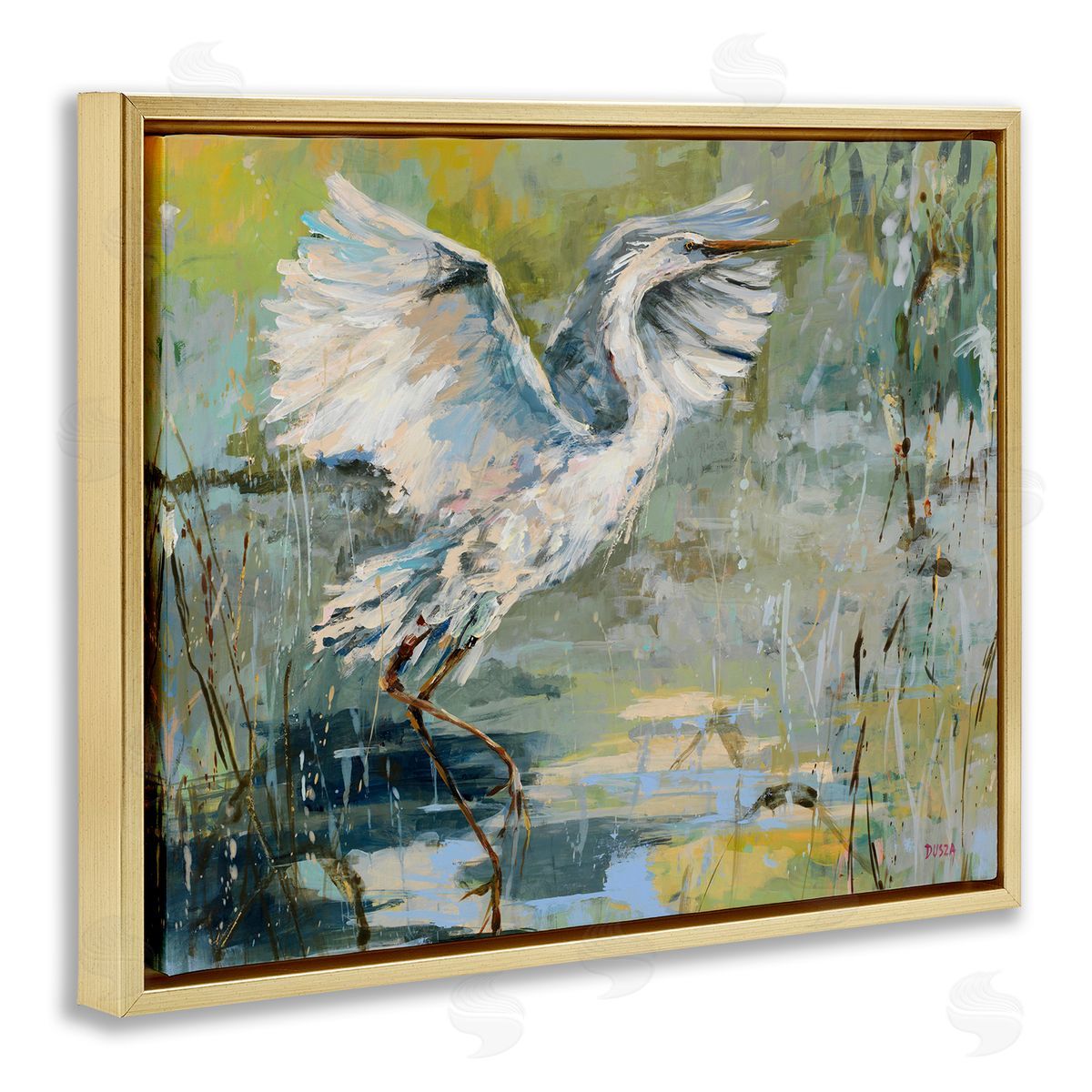 Radiant Crane at Pond Gold Floating Frame Canvas Wall Art, Home Decor by Dusza