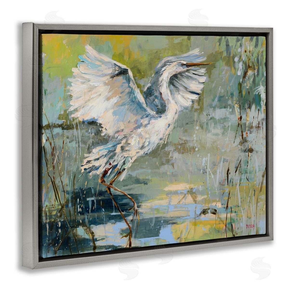Radiant Crane at Pond Grey Floating Frame Canvas Wall Art, Home Decor by Dusza
