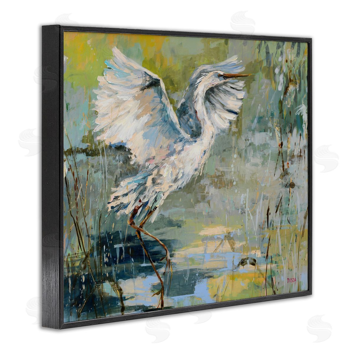Radiant Crane at Pond Black Frame Print Wall Art, Home Decor by Dusza