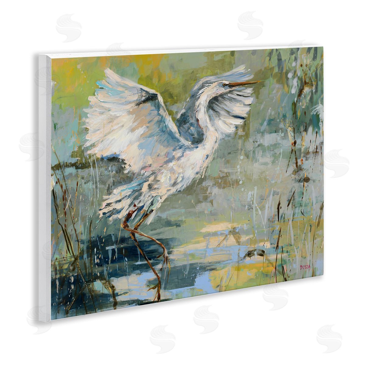 Radiant Crane at Pond Wood Plaque Wall Art, Home Decor by Dusza