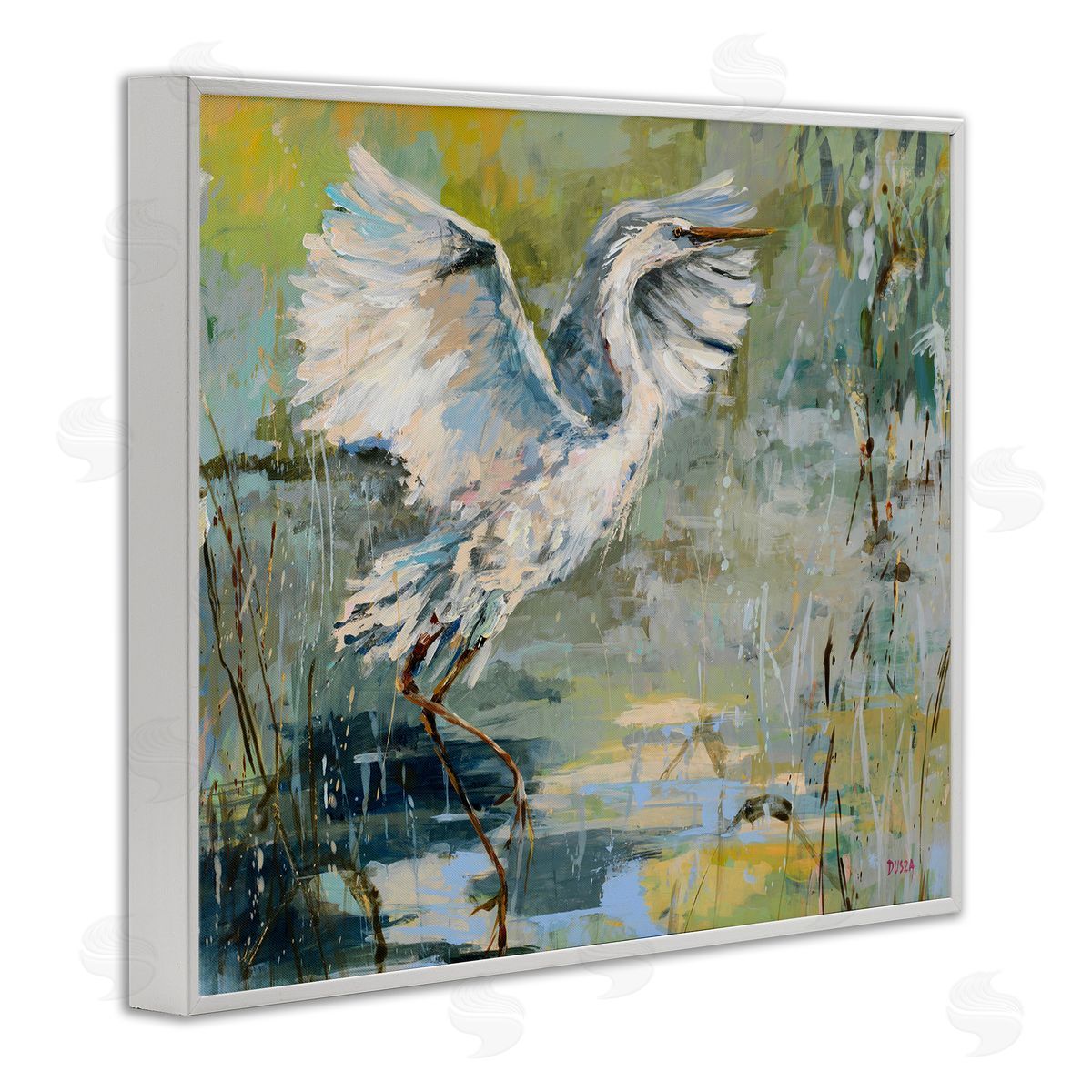 Radiant Crane at Pond White Frame Print Wall Art, Home Decor by Dusza
