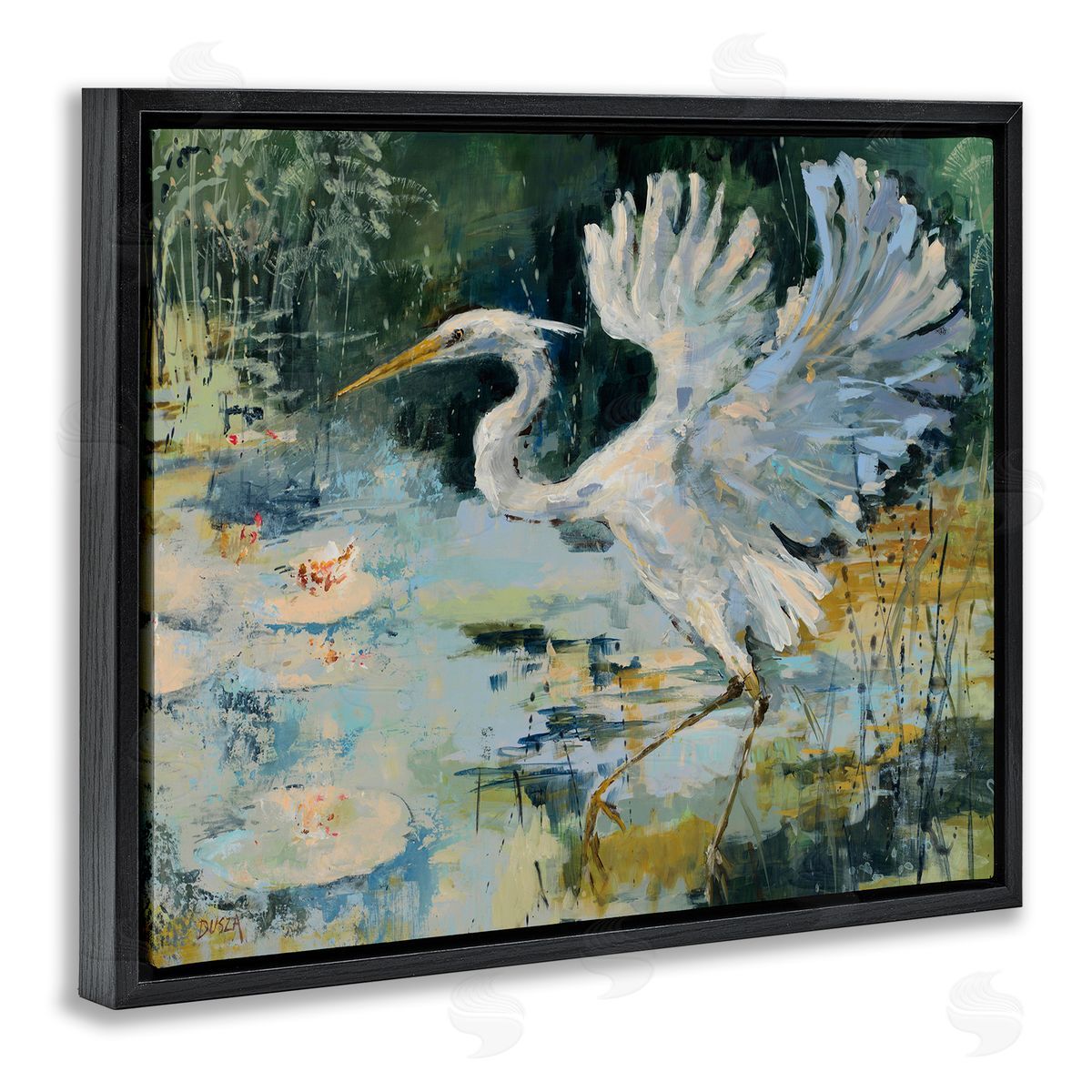 Heron with Spread Wings Black Floating Frame Canvas Wall Art, Home Decor by Dusza