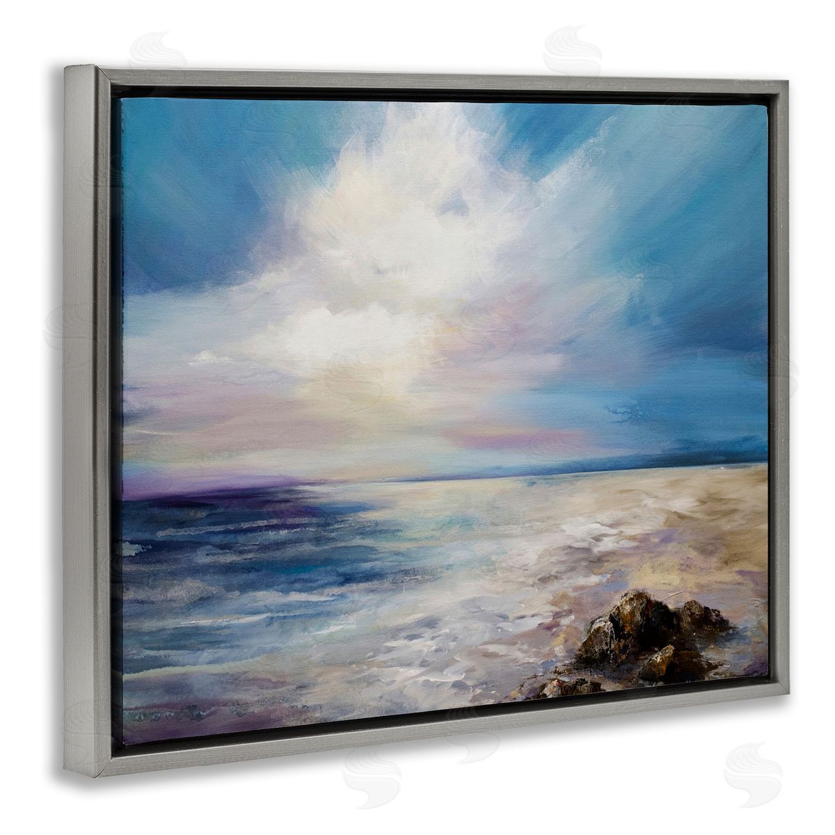 Serene Clouds over Beach Grey Floating Frame Canvas Wall Art, Home Decor by Karen Hale
