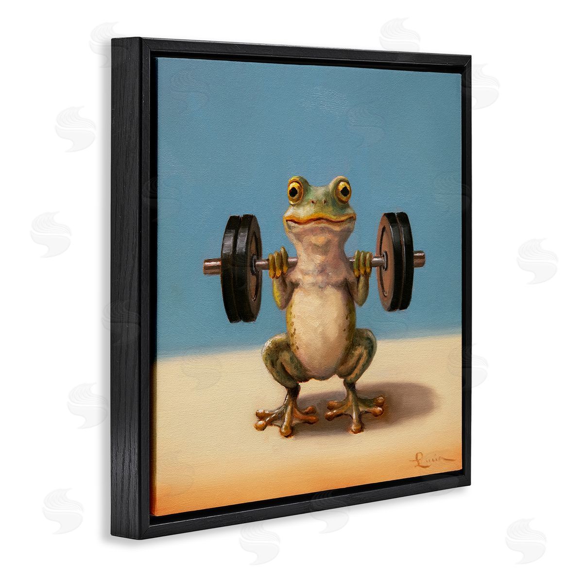 Weightlifting Frog Training Black Floating Frame Canvas Wall Art, Home Decor by Lucia Heffernan