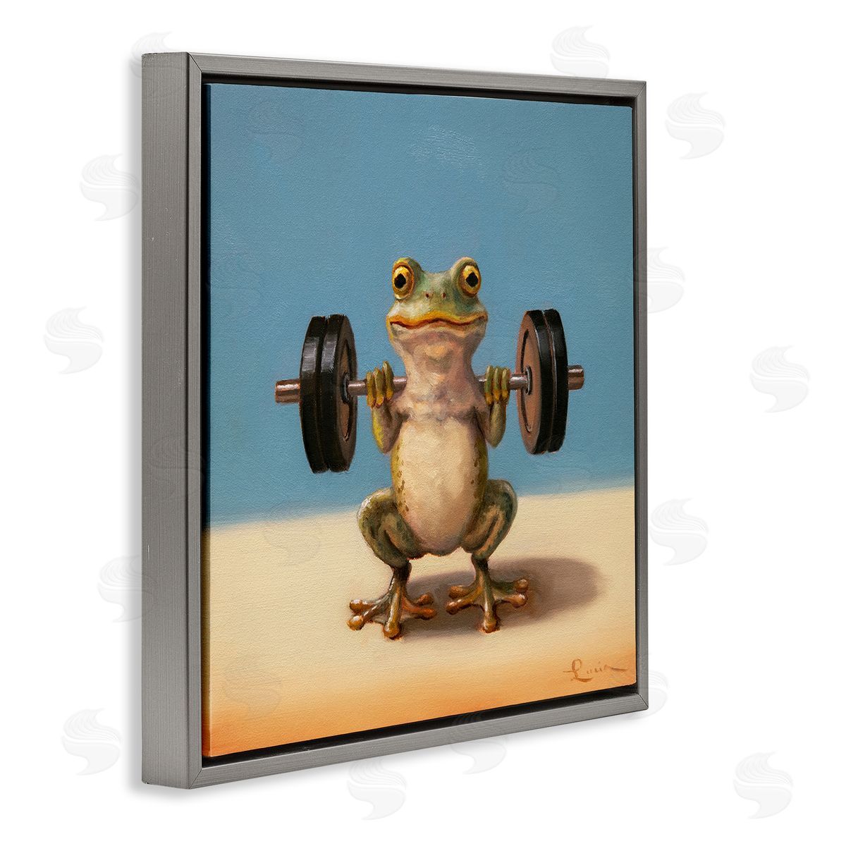 Weightlifting Frog Training Grey Floating Frame Canvas Wall Art, Home Decor by Lucia Heffernan