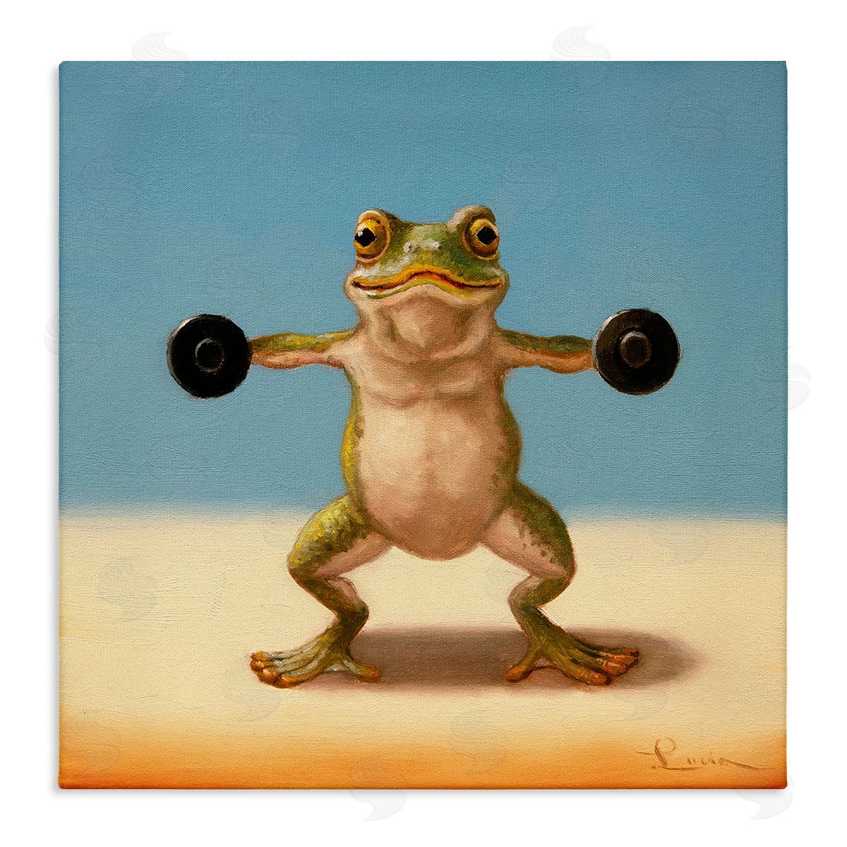 Exercise Weights Frog Canvas Wall Art, Home Decor by Lucia Heffernan