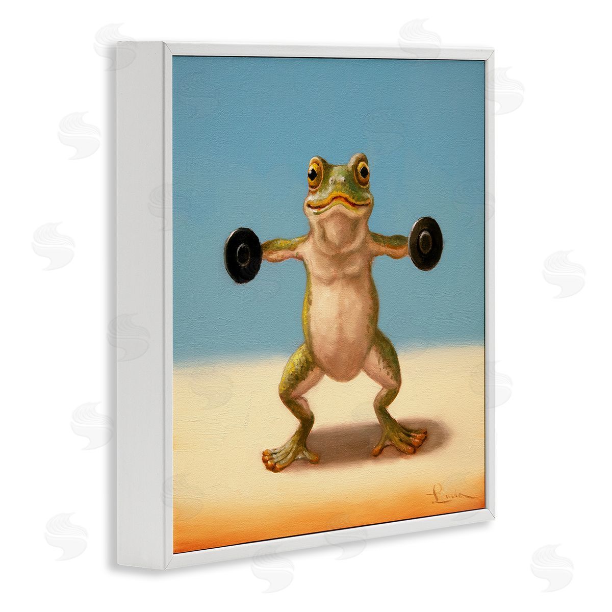 Exercise Weights Frog White Frame Print Wall Art, Home Decor by Lucia Heffernan