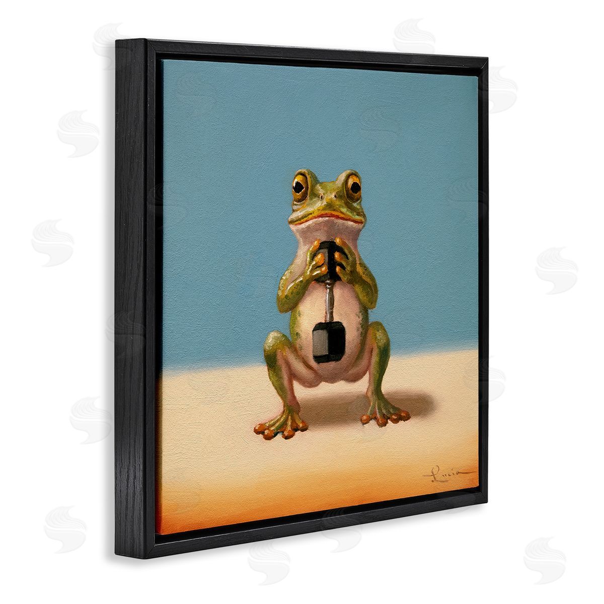 Frog Lifting Weights Black Floating Frame Canvas Wall Art, Home Decor by Lucia Heffernan