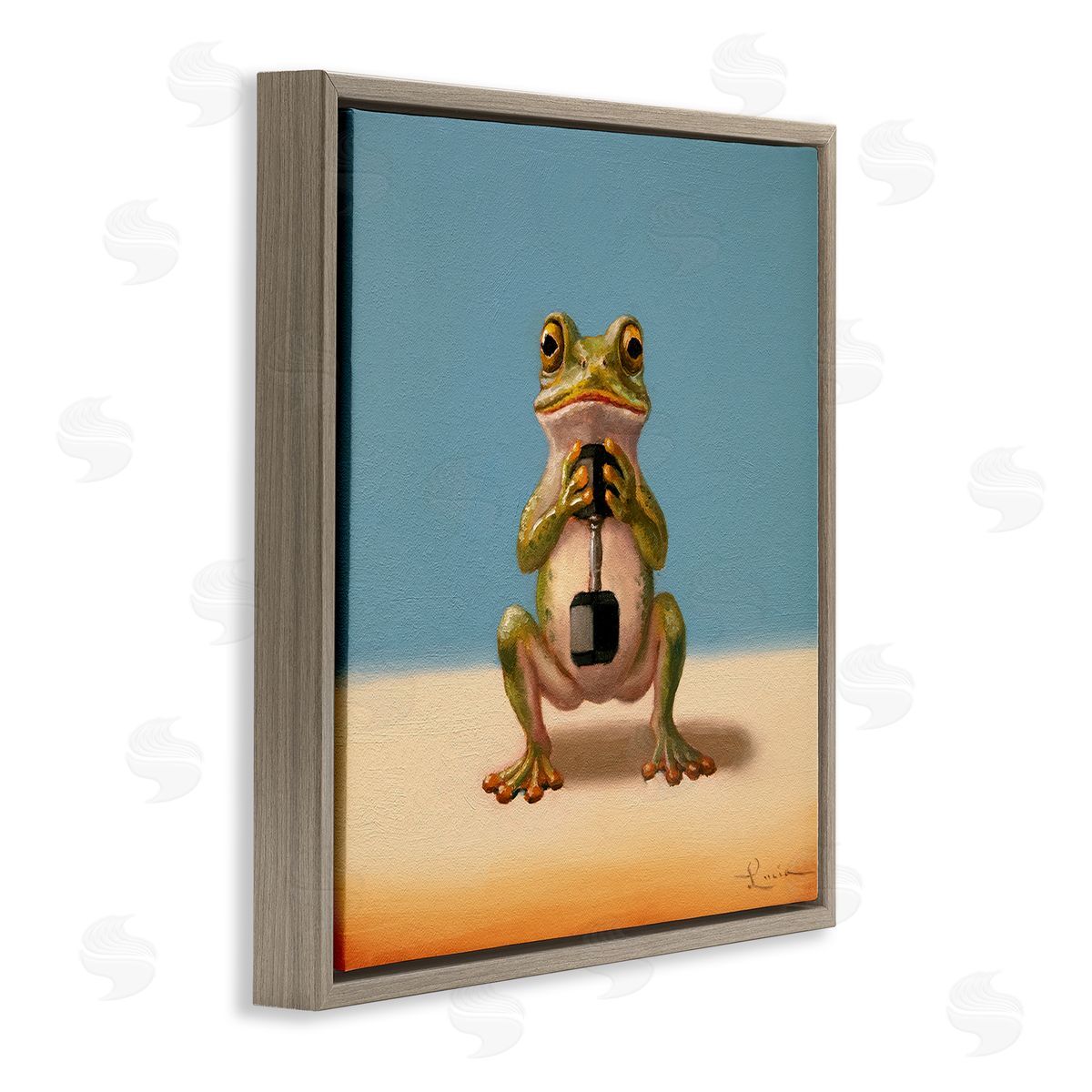 Frog Lifting Weights Brown Floating Frame Canvas Wall Art, Home Decor by Lucia Heffernan