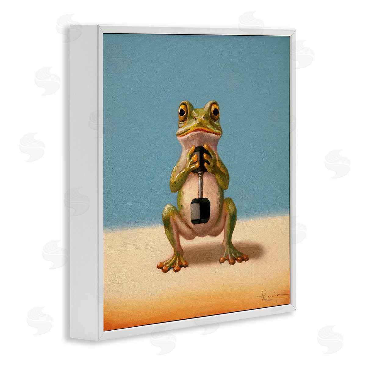 Frog Lifting Weights White Frame Print Wall Art, Home Decor by Lucia Heffernan