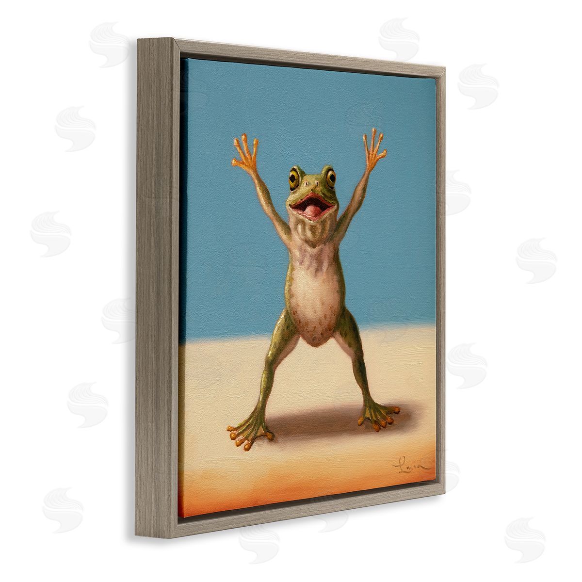 Motivational Exercise Frog Brown Floating Frame Canvas Wall Art, Home Decor by Lucia Heffernan