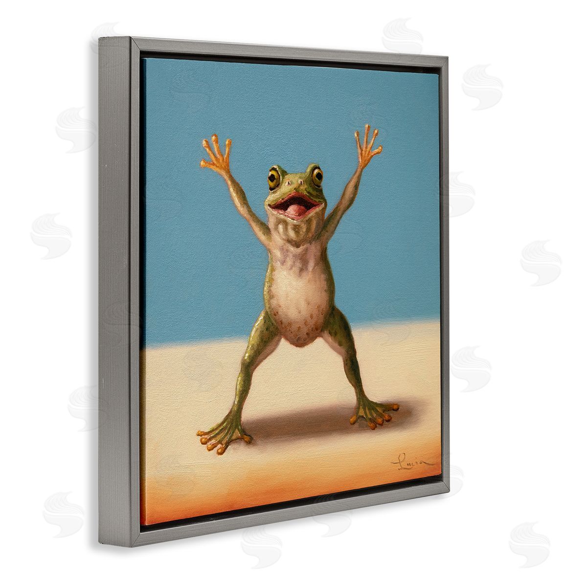 Motivational Exercise Frog Grey Floating Frame Canvas Wall Art, Home Decor by Lucia Heffernan