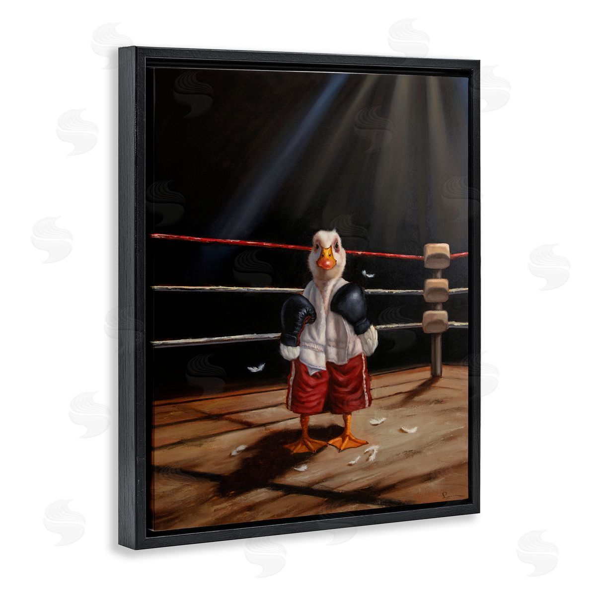 Duck in Boxing Ring Black Floating Frame Canvas Wall Art, Home Decor by Lucia Heffernan