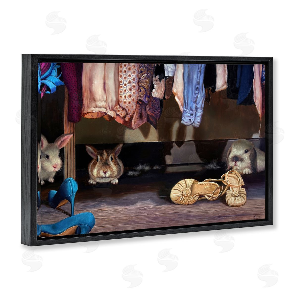Bunnies Under Closet View Black Floating Frame Canvas Wall Art, Home Decor by Lucia Heffernan