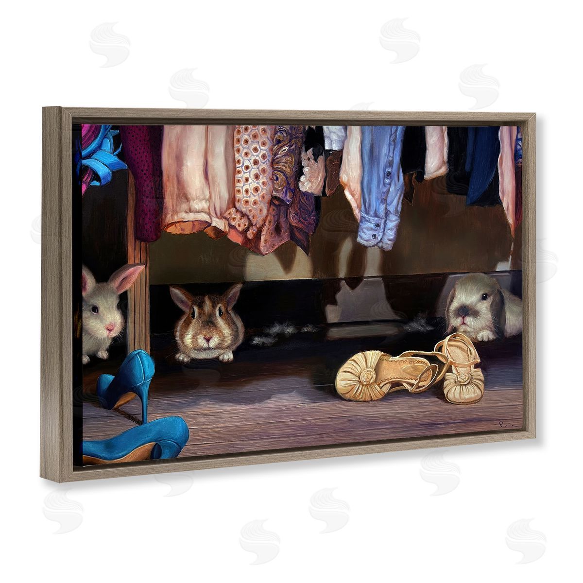 Bunnies Under Closet View Brown Floating Frame Canvas Wall Art, Home Decor by Lucia Heffernan