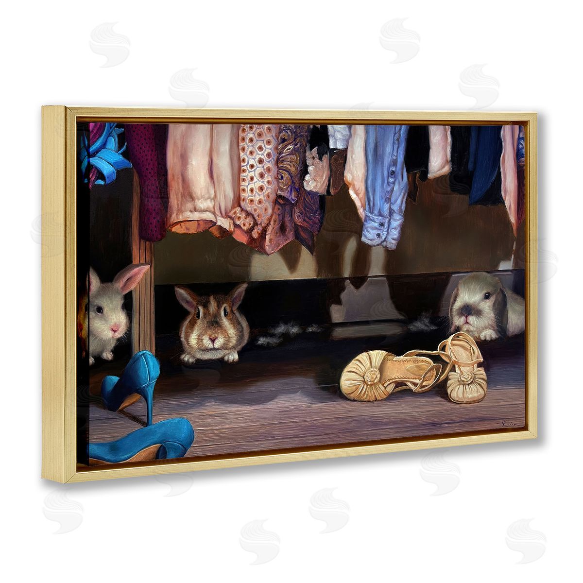 Bunnies Under Closet View Gold Floating Frame Canvas Wall Art, Home Decor by Lucia Heffernan