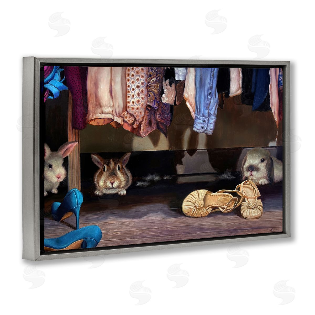 Bunnies Under Closet View Grey Floating Frame Canvas Wall Art, Home Decor by Lucia Heffernan