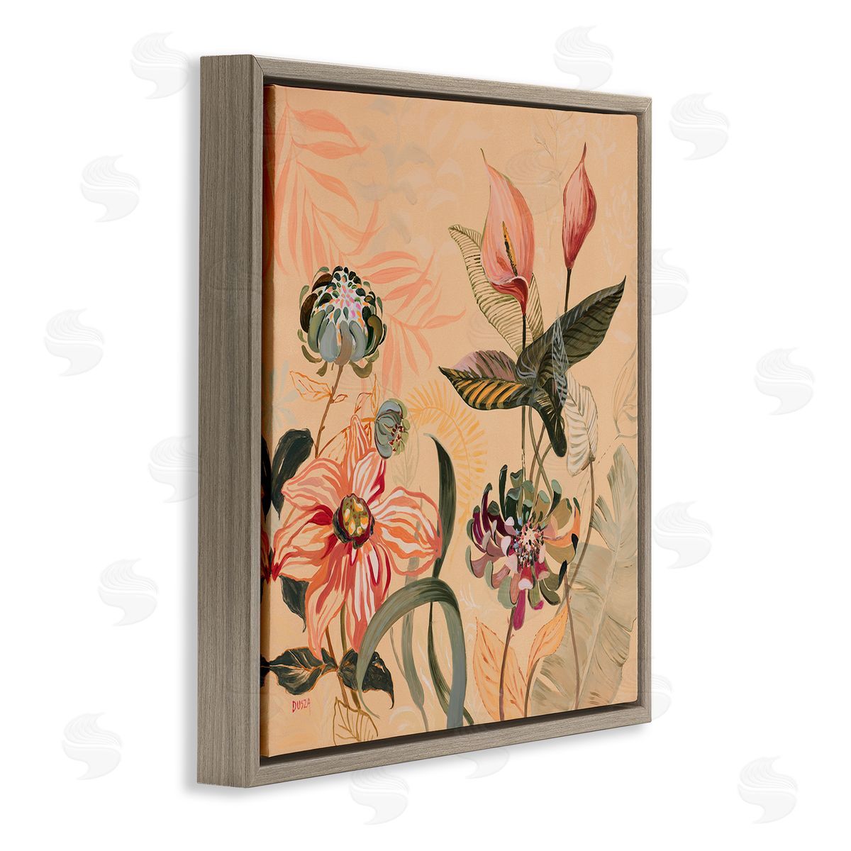Tropical Foliage & Blooms Brown Floating Frame Canvas Wall Art, Home Decor by Dusza