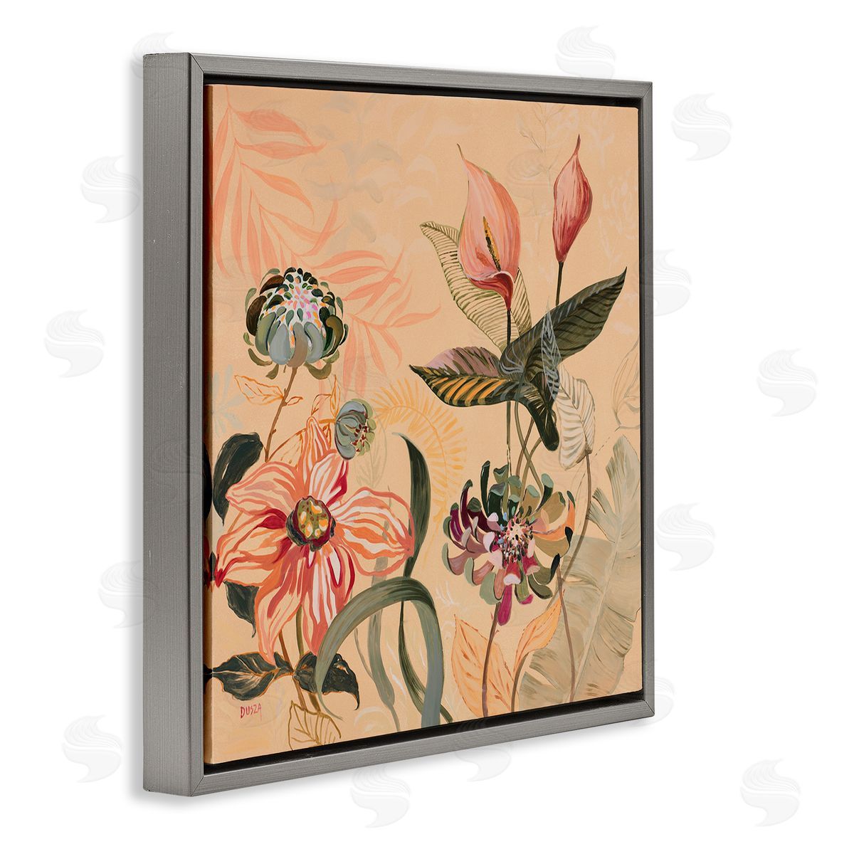 Tropical Foliage & Blooms Grey Floating Frame Canvas Wall Art, Home Decor by Dusza