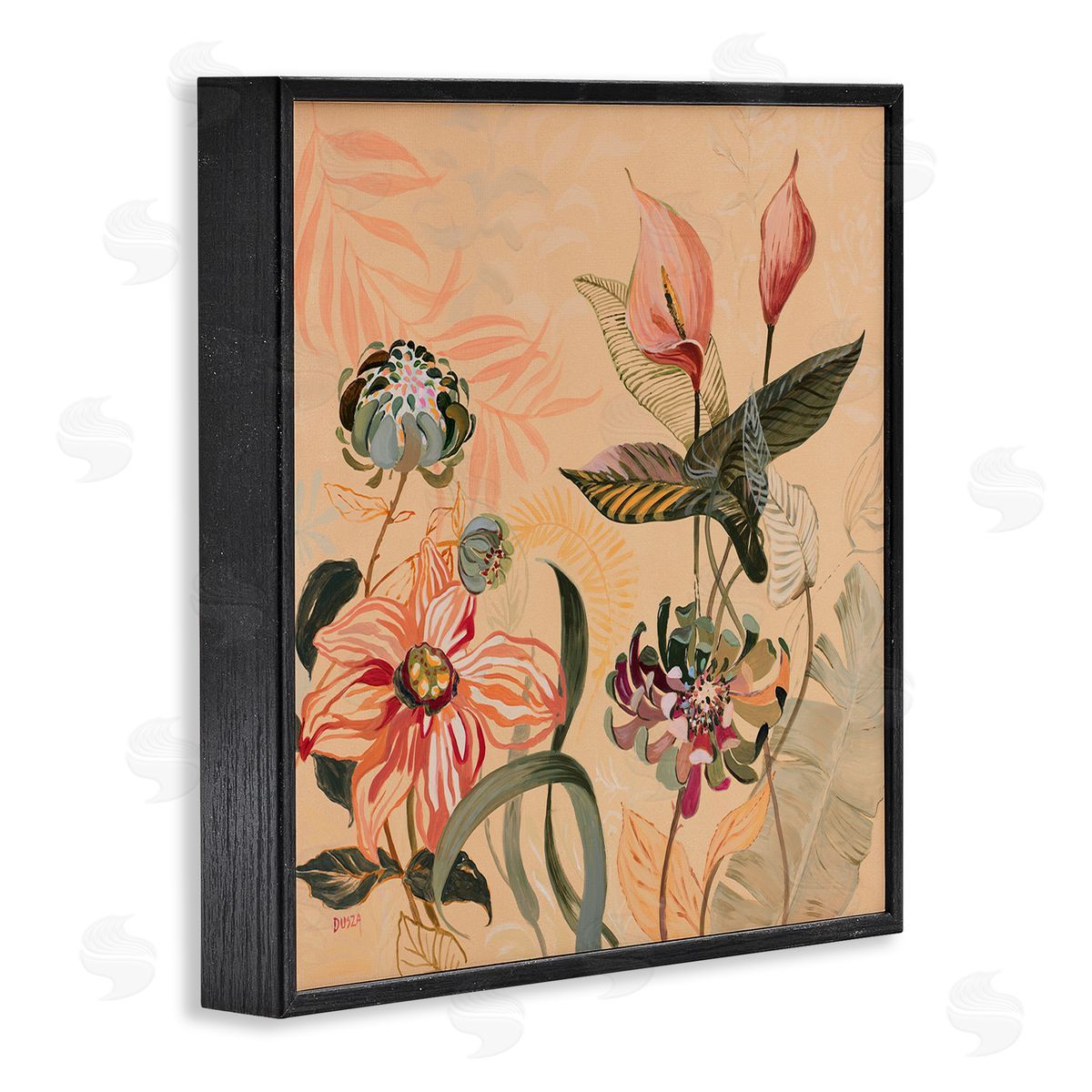 Tropical Foliage & Blooms Black Frame Print Wall Art, Home Decor by Dusza
