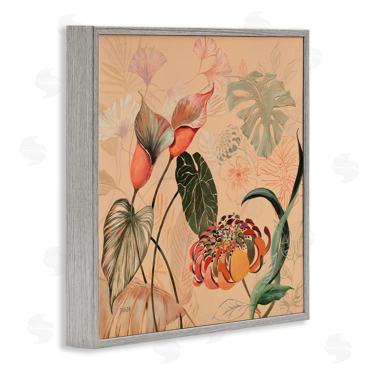 Layered Tropical Foliage Grey Frame Print Wall Art, Home Decor by Dusza