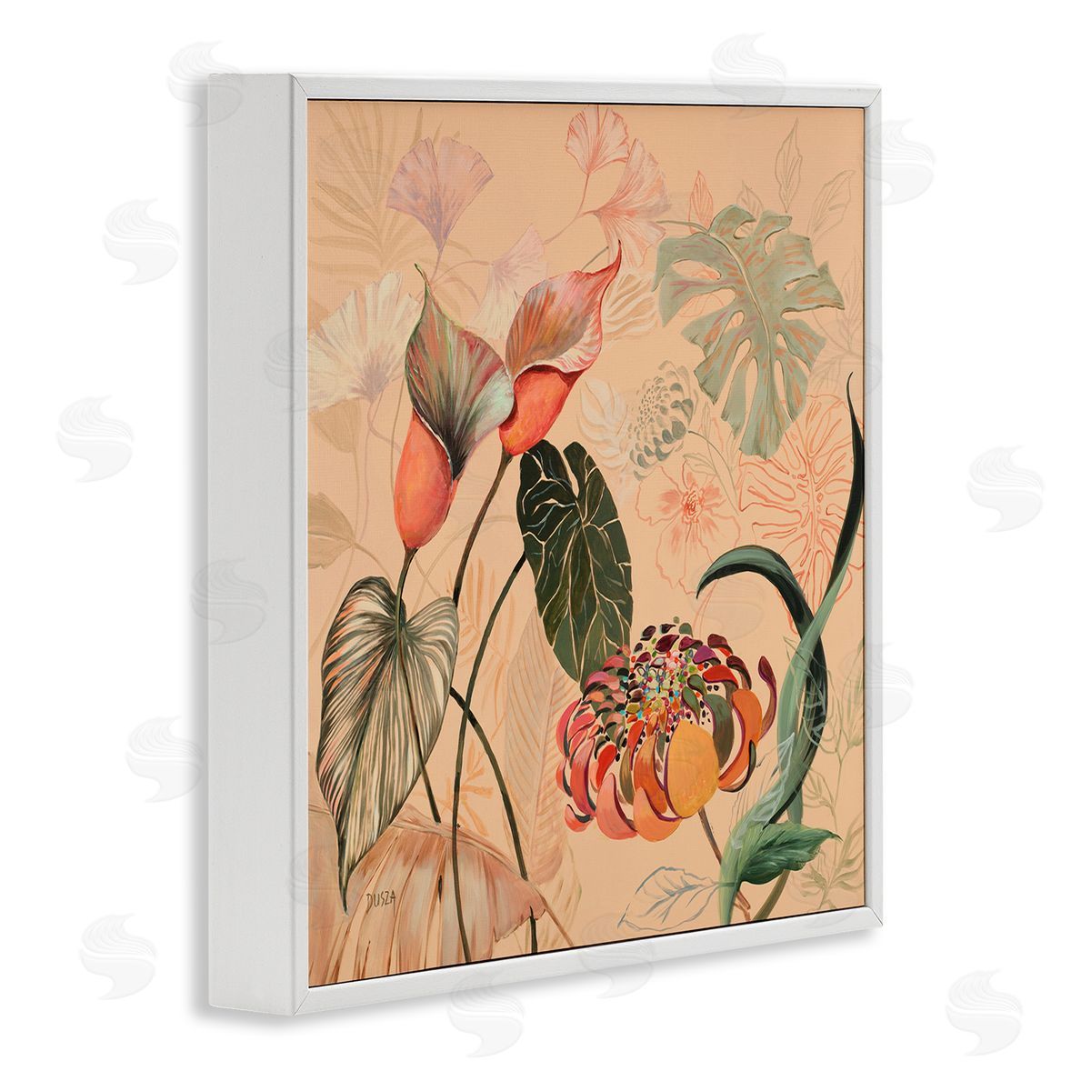Layered Tropical Foliage White Frame Print Wall Art, Home Decor by Dusza