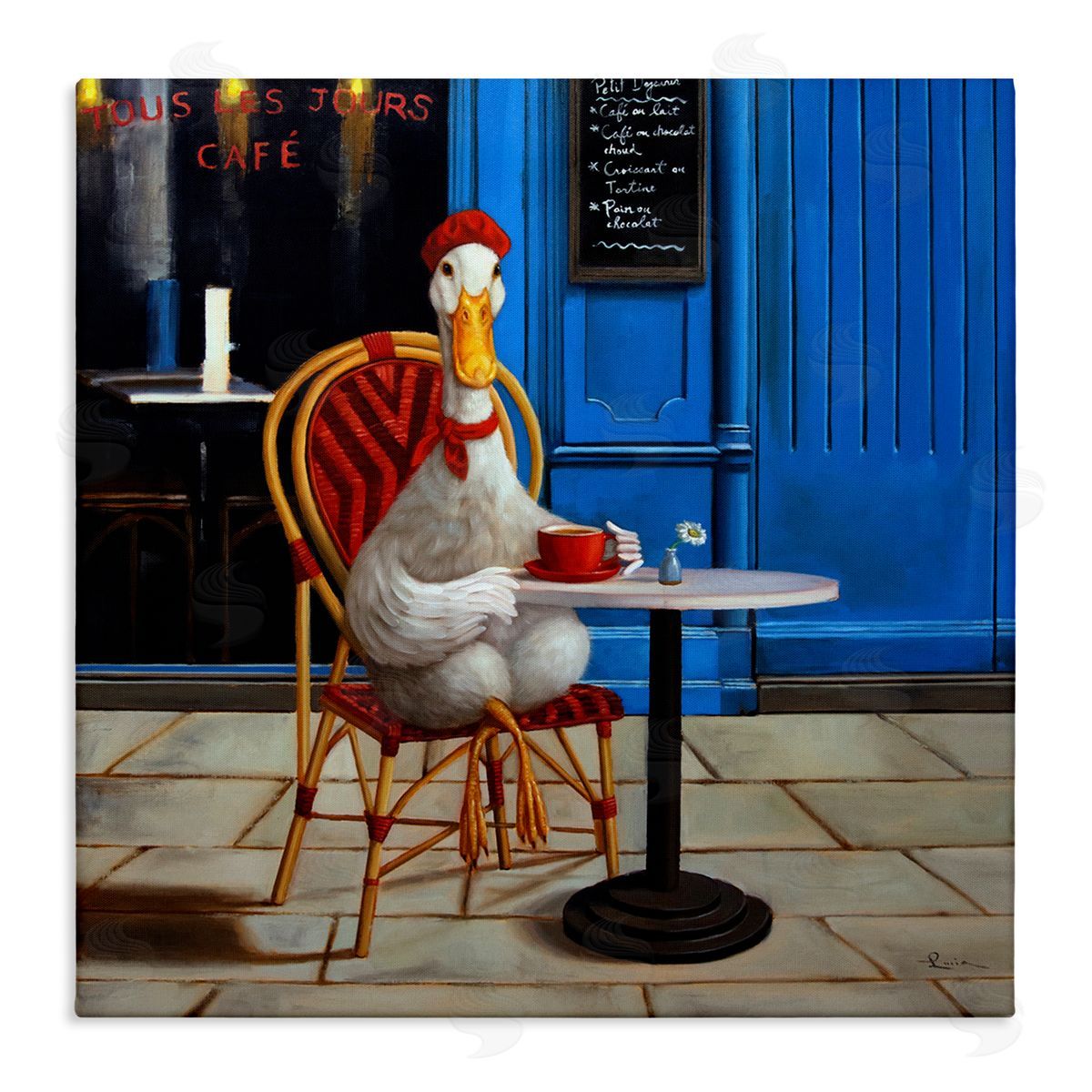 Trendy Duck at Cafe Canvas Wall Art, Home Decor by Lucia Heffernan