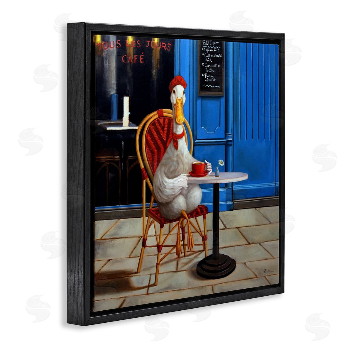 Trendy Duck at Cafe Black Floating Frame Canvas Wall Art, Home Decor by Lucia Heffernan