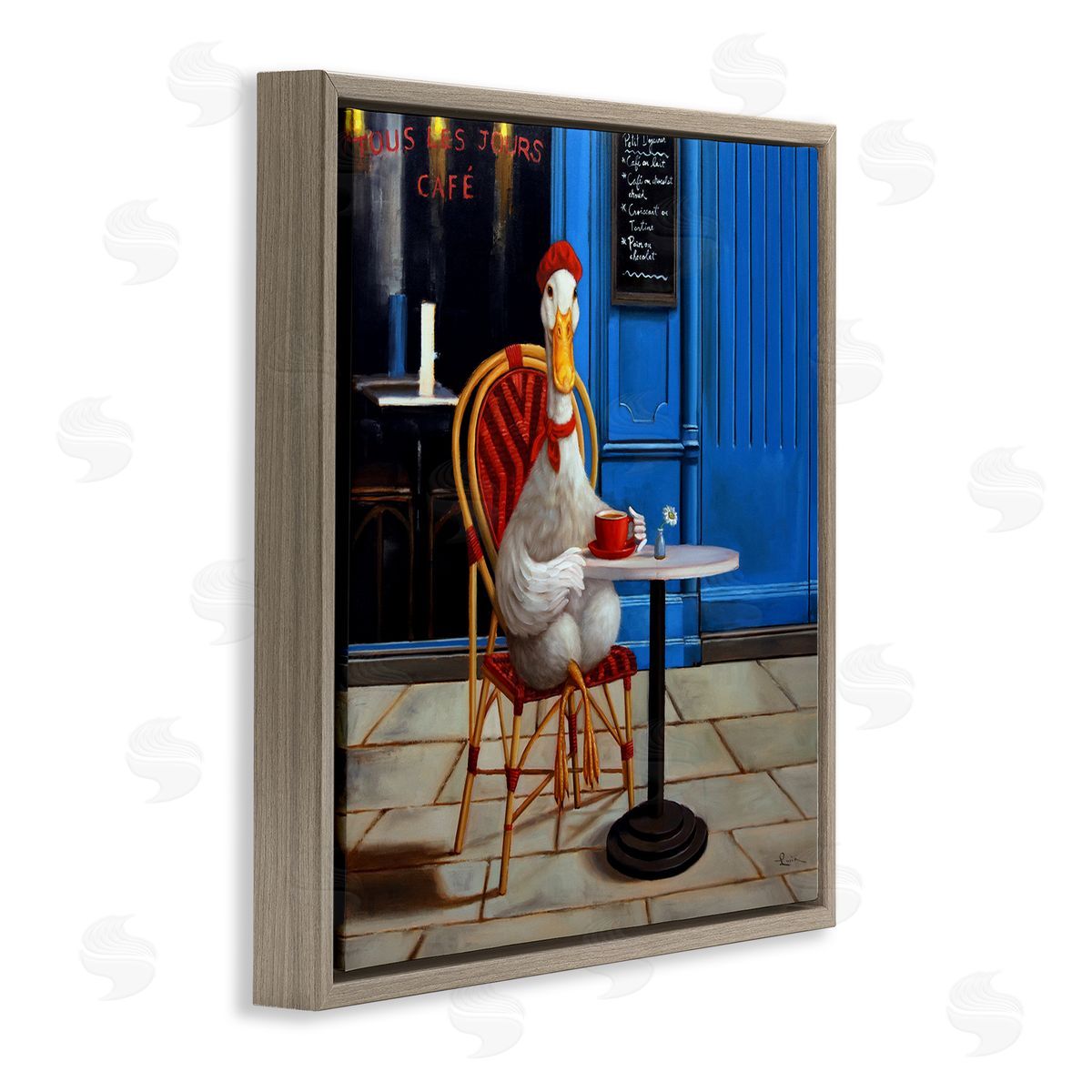 Trendy Duck at Cafe Brown Floating Frame Canvas Wall Art, Home Decor by Lucia Heffernan