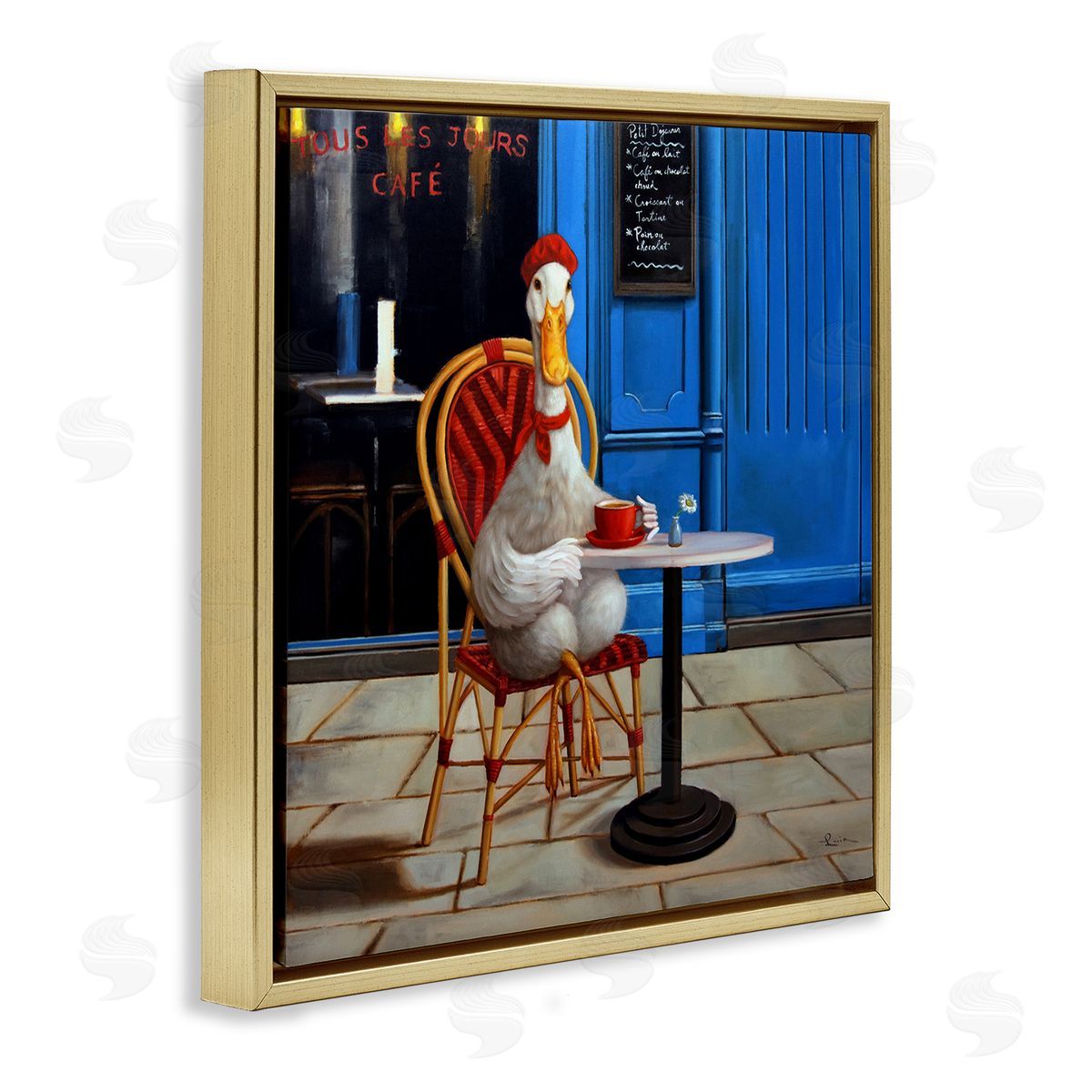 Trendy Duck at Cafe Gold Floating Frame Canvas Wall Art, Home Decor by Lucia Heffernan