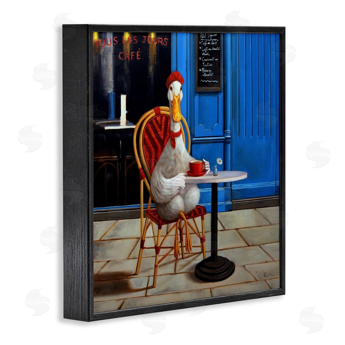 Trendy Duck at Cafe Black Frame Print Wall Art, Home Decor by Lucia Heffernan