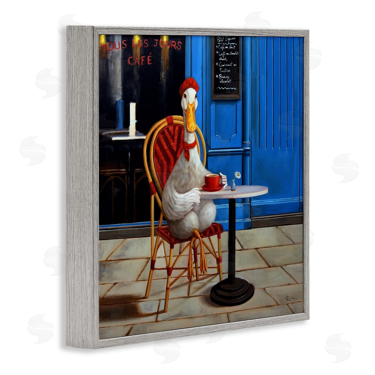 Trendy Duck at Cafe Grey Frame Print Wall Art, Home Decor by Lucia Heffernan