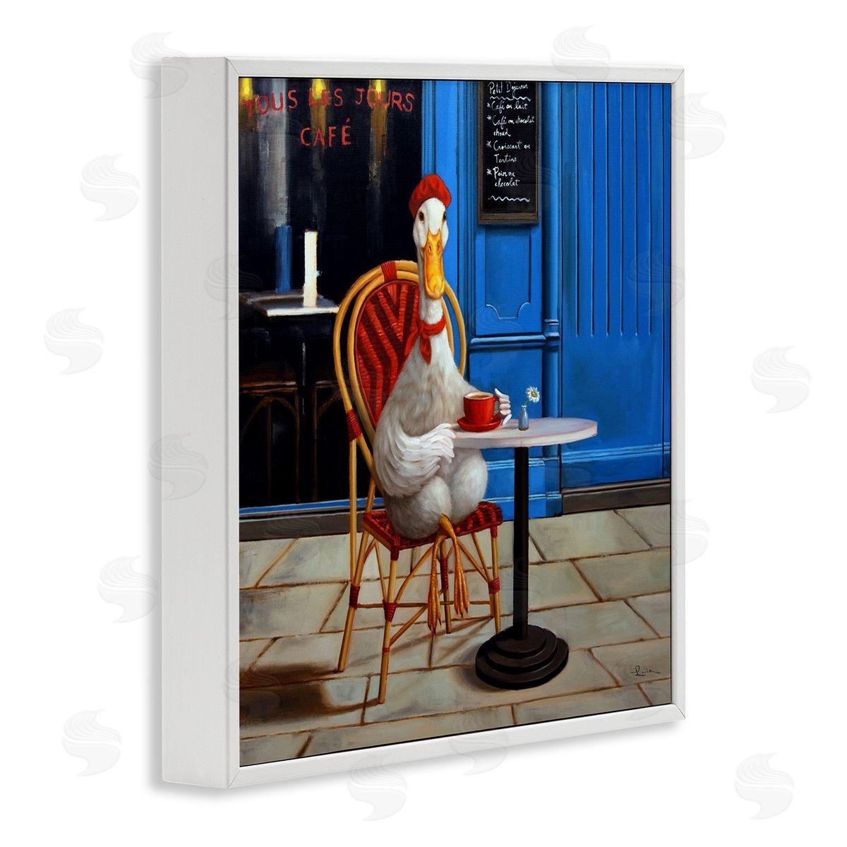 Trendy Duck at Cafe White Frame Print Wall Art, Home Decor by Lucia Heffernan