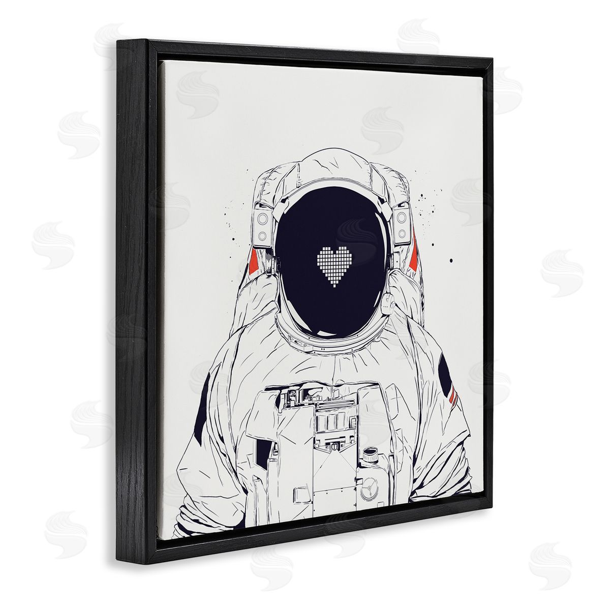Minimal Astronaut with Heart Black Floating Frame Canvas Wall Art, Home Decor by Balazs Solti