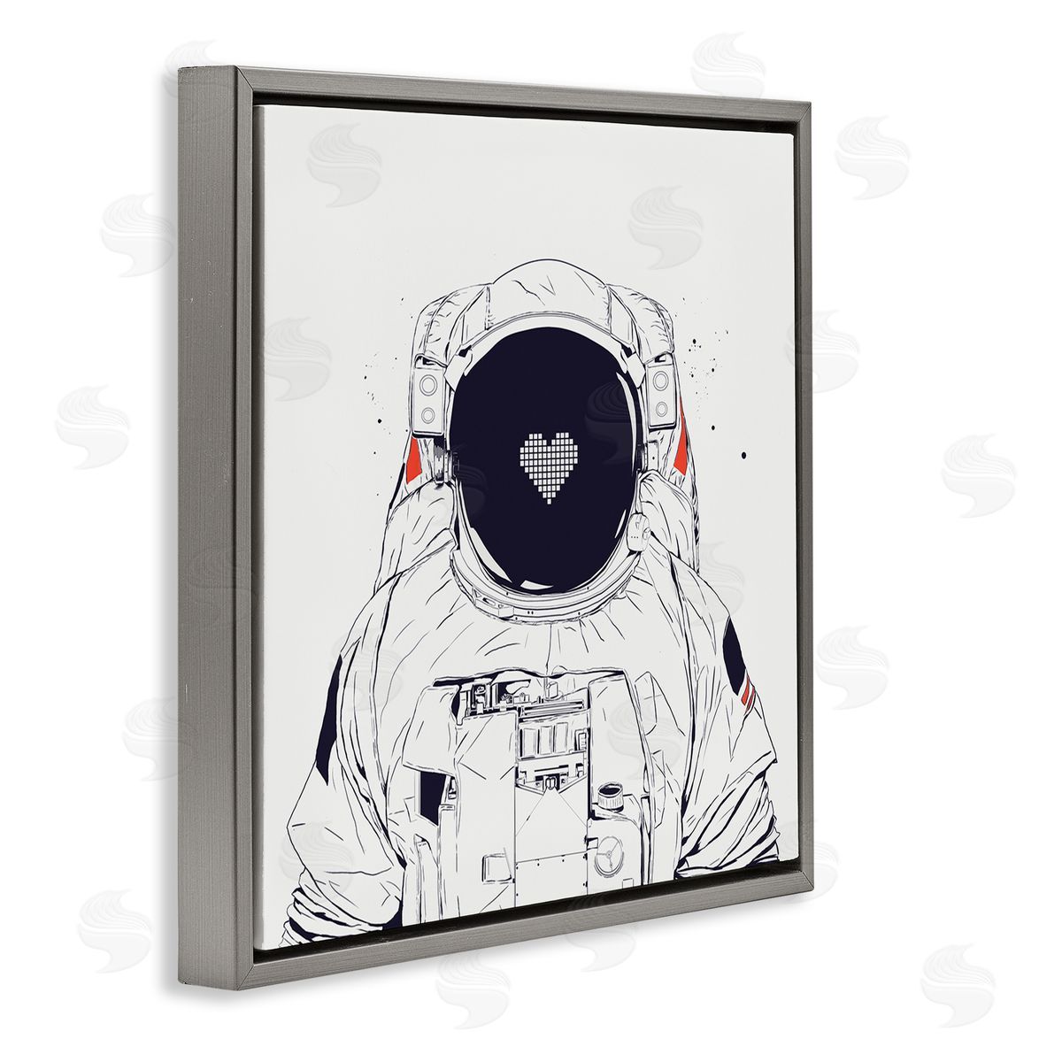 Minimal Astronaut with Heart Grey Floating Frame Canvas Wall Art, Home Decor by Balazs Solti