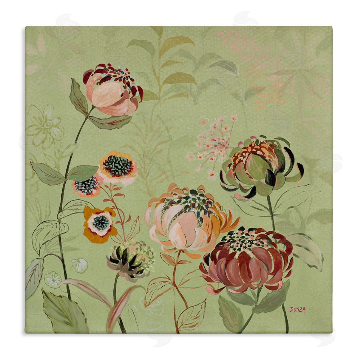 Curled Chrysanthemums on Green Canvas Wall Art, Home Decor by Dusza