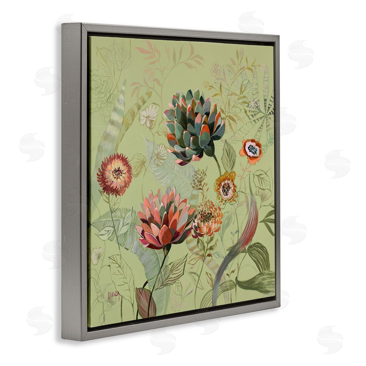 Traditional Vintage Foliage Grey Floating Frame Canvas Wall Art, Home Decor by Dusza