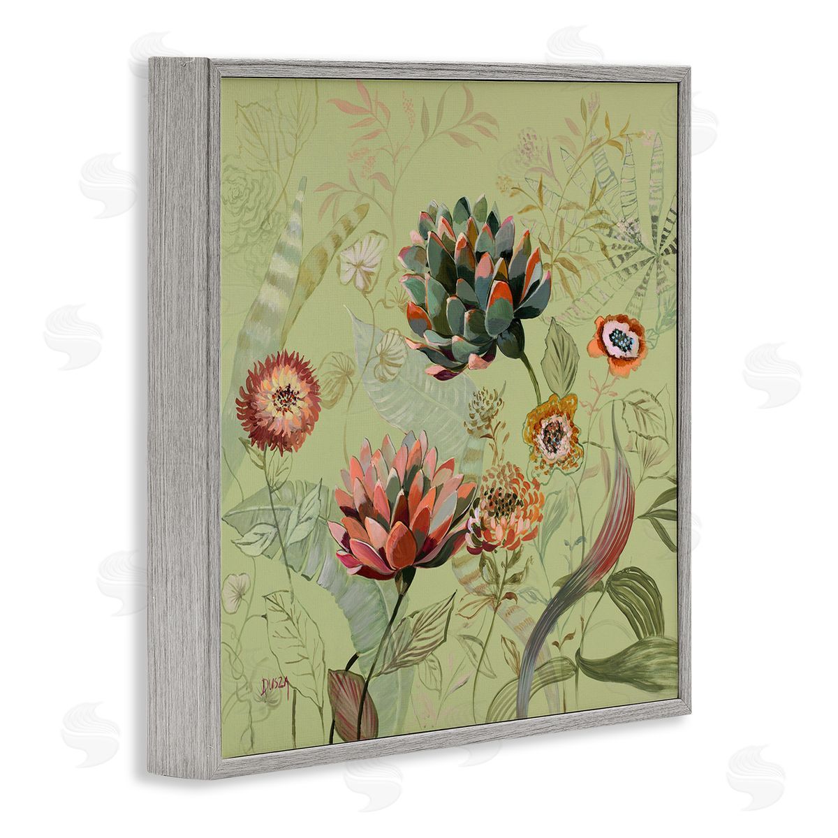 Traditional Vintage Foliage Grey Frame Print Wall Art, Home Decor by Dusza