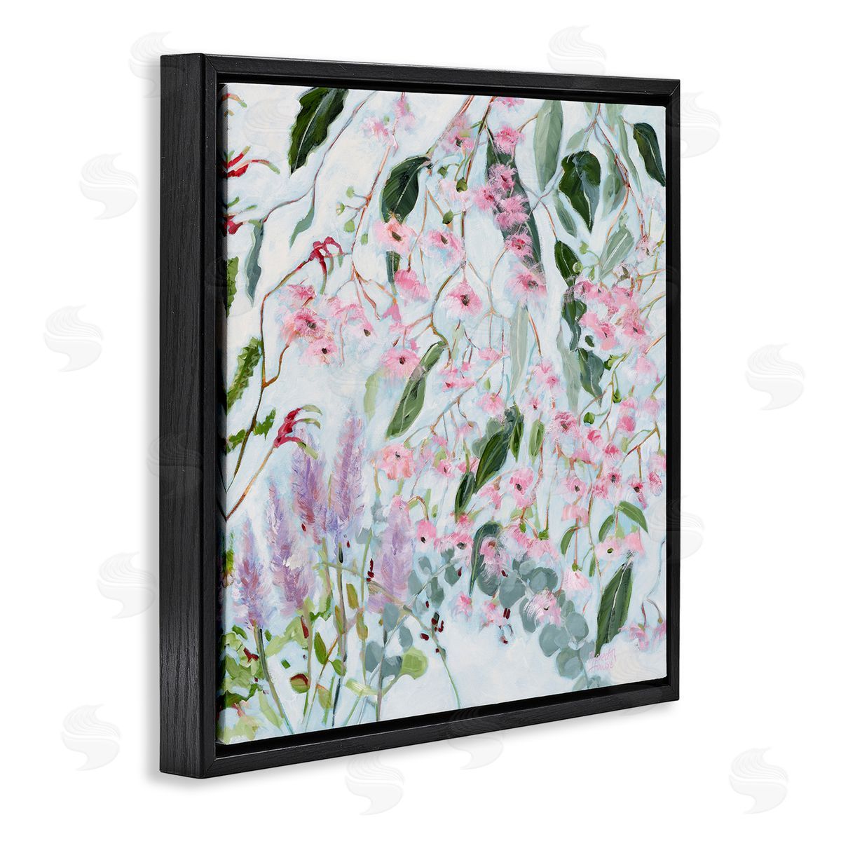 Chic Pink Garden Blossoms Black Floating Frame Canvas Wall Art, Home Decor by Meredith Howse