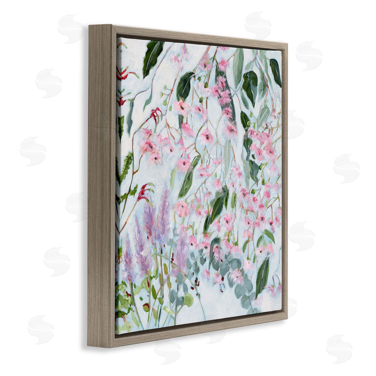 Chic Pink Garden Blossoms Brown Floating Frame Canvas Wall Art, Home Decor by Meredith Howse